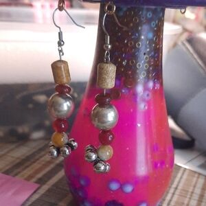 Handmade Bohemian Red and Tan Beaded Dangle Earrings - Unbranded